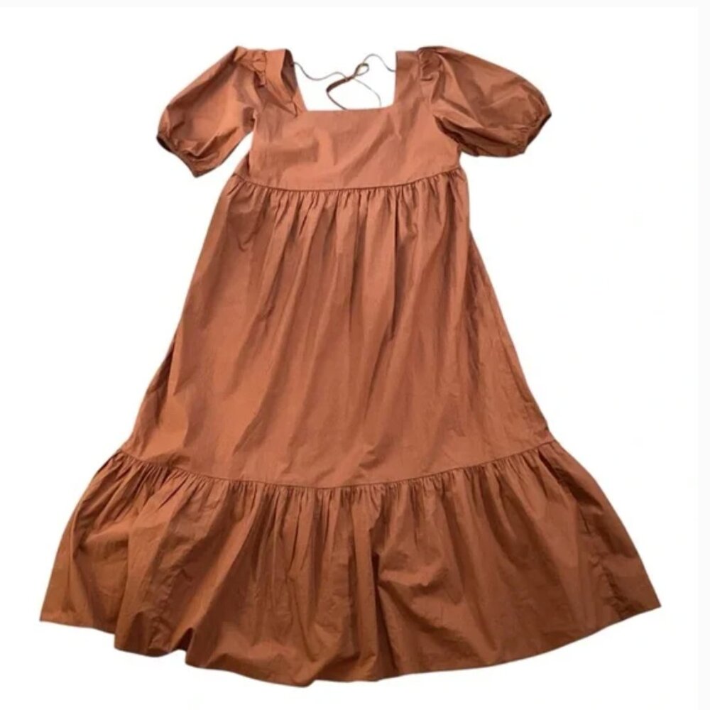 OAK + FORT Puff Sleeve Tiered Dress, Tobacco Color - Medium NWT Style DR-8844-W